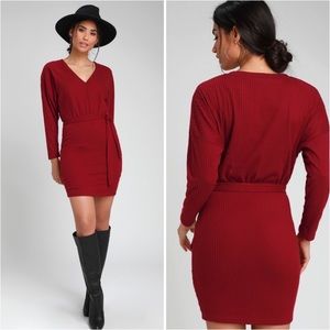 LULUS - ZARIAH WINE RED RIBBED KNIT SWEATER DRESS